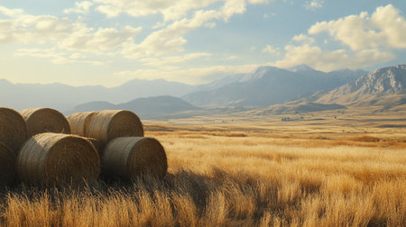 Rural landscape with hay bales and mountains in the background.の写真素材