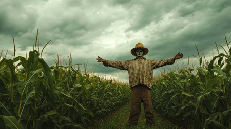 farmer in a corn field with his hands outstretched to the skyの写真素材