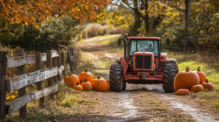 Tractor with pumpkins on a country road in the fall.の写真素材