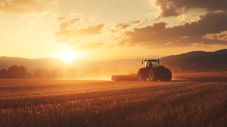 Tractor plowing a field at sunset. Tractor preparing land for sowing.の写真素材