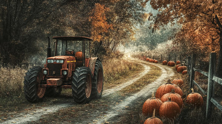 Old tractor with pumpkins in autumn forest. 3d illustration.の写真素材