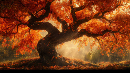 Autumn landscape with big old tree and foggy forest. 3d renderの写真素材