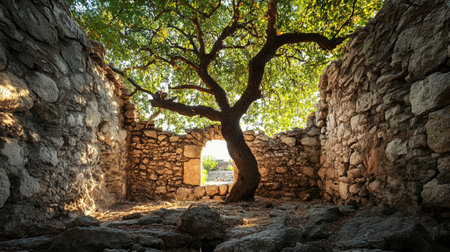 Old stone fortress with a tree in the foreground and sunlight in the backgroundの写真素材