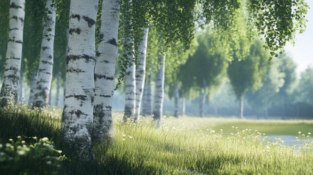 birch forest in summer with sunbeams and green grassの写真素材