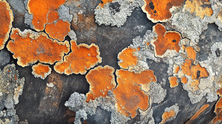 Orange lichen on a tree bark. Abstract background and texture for design.の写真素材