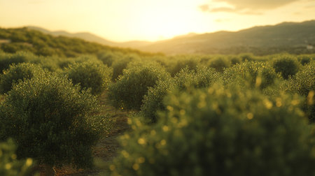 Rows of olive trees at sunset in Tuscany, Italyの写真素材