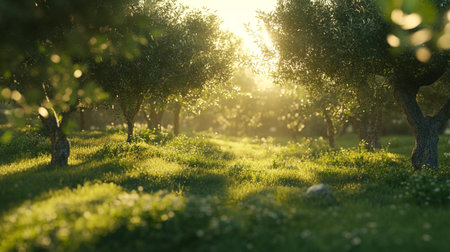 Olive grove at sunset with sunbeams and lens flareの写真素材