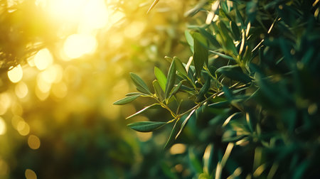 Olive tree branch with green leaves and sunbeams at sunsetの写真素材