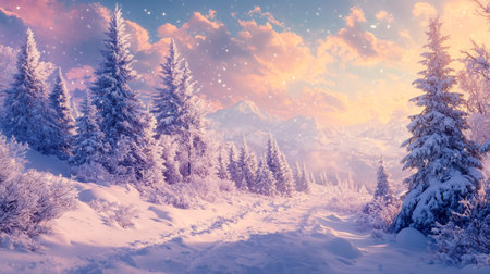 Winter landscape with snow covered fir trees in the mountains at sunset.の素材