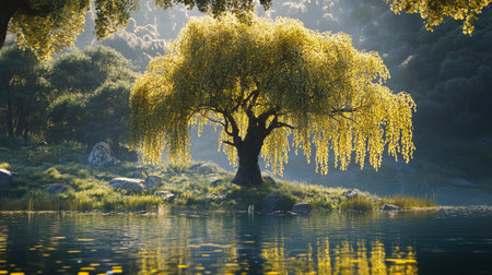 Willow tree with yellow leaves on the bank of the lake.の写真素材