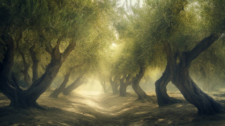 Olive trees in a foggy landscape, 3d illustration.の写真素材