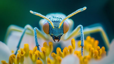 Macro shot of a blue beetle on a lotus flower.の写真素材