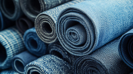 Rolls of blue jeans fabric as background texture, closeup.の写真素材