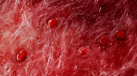 Watermelon with drops of water on a red background close-upの素材