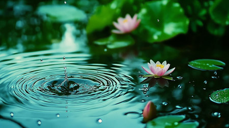 Water lily in the pond with drops of water on the surfaceの写真素材