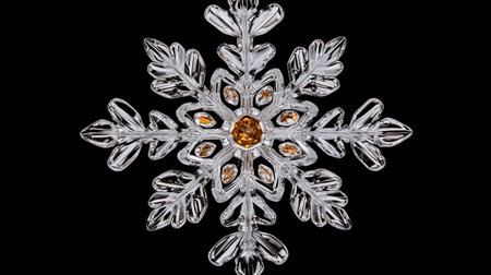 Snowflake isolated on black background. Macro image of real snow crystalsの写真素材