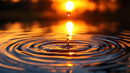 Water drop falling on the surface of the water and creating ripplesの写真素材