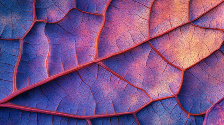 Macro closeup of red and blue leaf veins pattern texture backgroundの写真素材