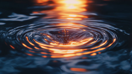 Water drop close-up on water surface with waves and ripplesの写真素材