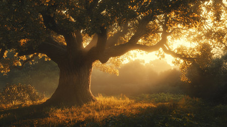 Old oak tree in the rays of the setting sun on a meadowの写真素材