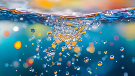 Water splash with colorful bokeh background. Shallow depth of fieldの写真素材