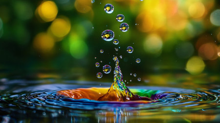 Falling drops of water. Splash effect after collision a falling drops with water Surfaceの素材