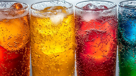 Colorful soft drinks with ice cubes on a white background close upの写真素材