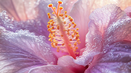 Pink hibiscus flower with water drops on petals close upの写真素材