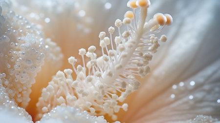 Close up of white hibiscus flower with water dropletsの写真素材