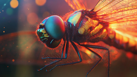 Macro image of a dragonfly on a dark background with bokehの写真素材