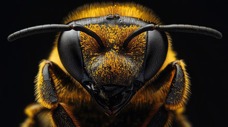 Close up of a bee on a black background. Macro photography.の写真素材