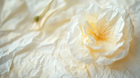 White poppy on crumpled paper, soft focus background with copy spaceの写真素材