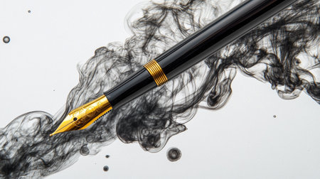 fountain pen with ink in water, isolated on a white backgroundの写真素材
