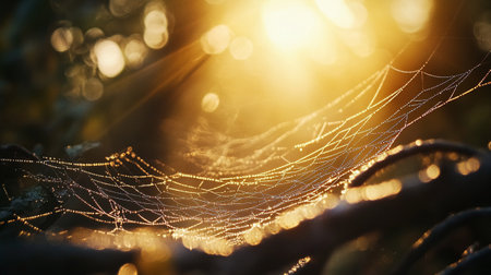 Spider web with dew drops in the rays of the setting sunの写真素材