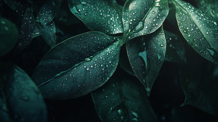 Close up of green leaf with water droplets. Nature background.の写真素材
