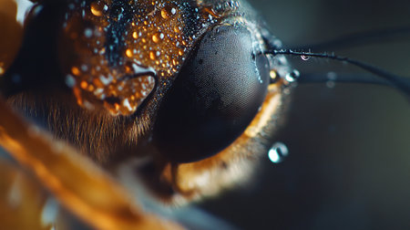 Macro shot of a bee's head with water droplets.の写真素材