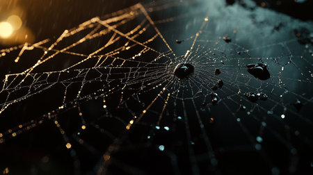 spider web with drops of dew on a dark background close upの写真素材