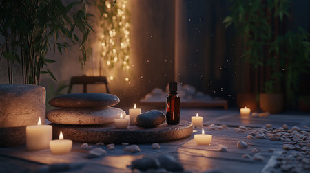 Spa still life with essential oil, stones and candles. 3d renderingの写真素材