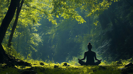 Woman practicing yoga in a green forest with a lotus position.の写真素材