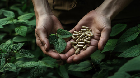 Female hands holding handful of golden amaranth pills with fresh green leavesの写真素材