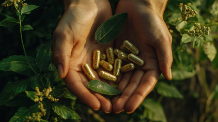 Closeup of female hands holding golden capsules and green leaves on blurred backgroundの写真素材