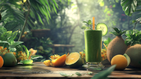 Healthy green smoothie with fresh fruits and vegetables on wooden tableの写真素材