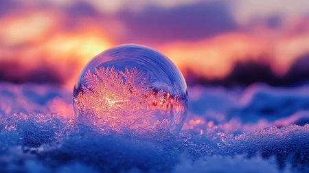 Crystal ball in the snow at sunset.の写真素材