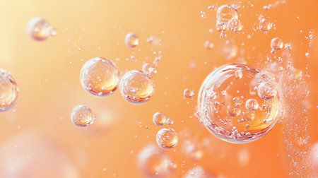 Bubbles in water on orange background. Abstract background with air bubbles.の写真素材