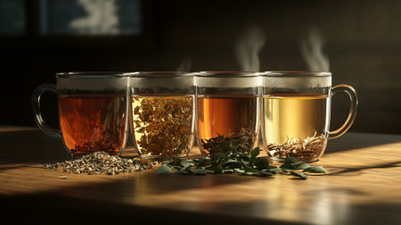Three cups of aromatic tea on wooden table in darkness, closeupの写真素材