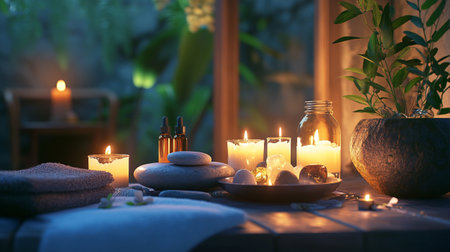 Spa still life with candles and massage stones on a wooden tableの写真素材