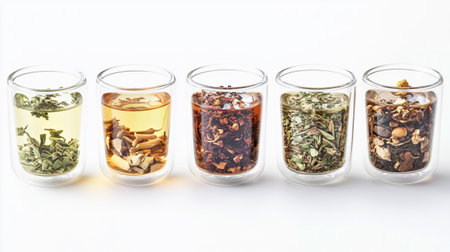 Various kinds of herbal tea in glass cups isolated on white background.の写真素材