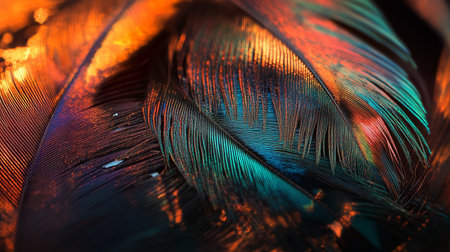 Macro shot of colorful feathers. Abstract background for design with copy space.の写真素材