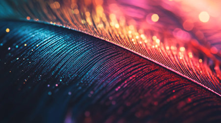 Macro shot of a colorful feather with bokeh effect.の写真素材