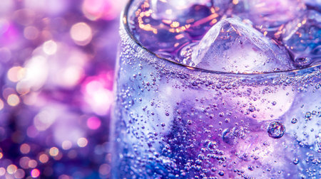 Glass of cold water with ice cubes on purple bokeh backgroundの写真素材
